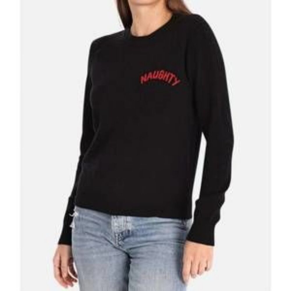 Womens Minnie Rose Black Red Beaded 'Naughty' Cotton Cashmere Crew Sweater XS